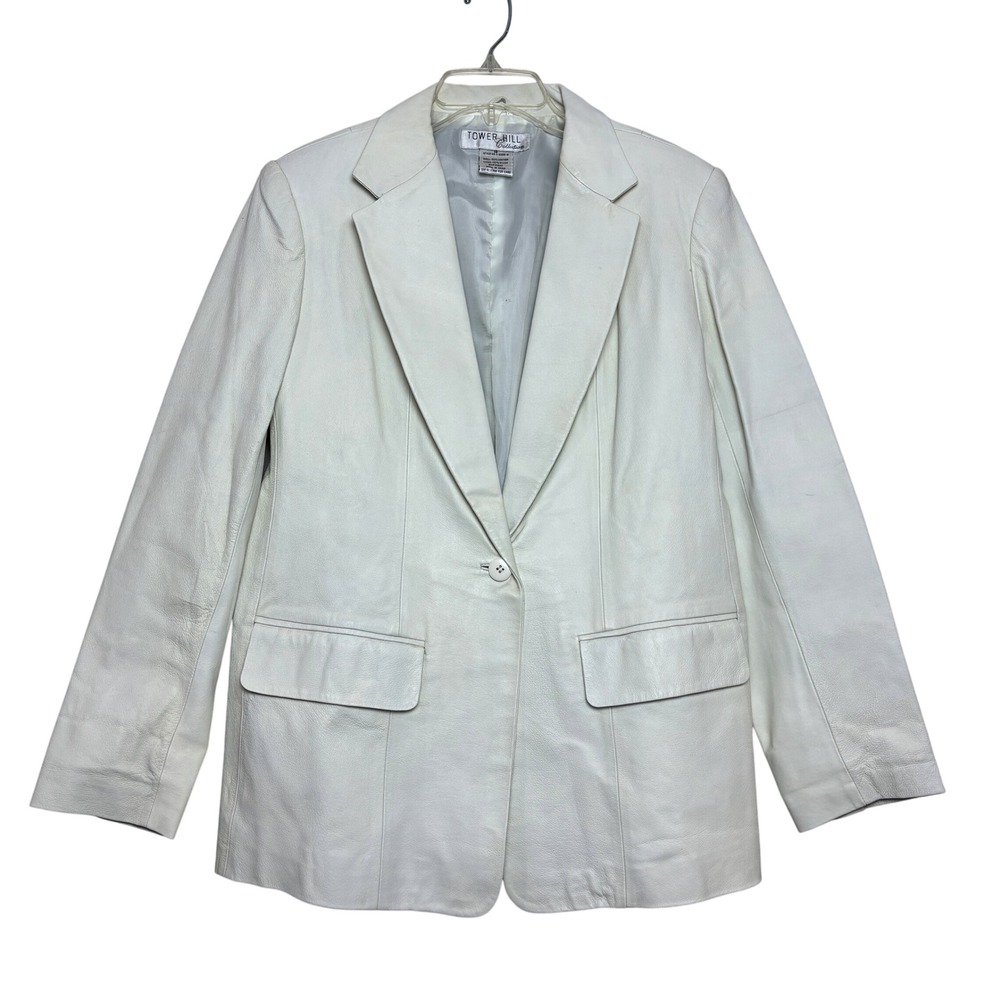 Vintage White Leather Jacket Blazer‎ Womens 16 Minimalist Chic Clean Girl Cowboy